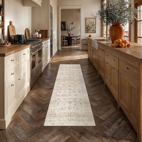 Beige Hallway Runner Rug 2x6 Distressed Vintage Farmhouse Style - color: Vintage Beige, size: 2' x 6' (Runner)