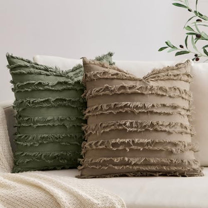 MIULEE Boho Linen Striped Throw Pillow Covers 18x18, Khaki Brown - color: Khaki, size: 18" x 18" (Pack of 2)