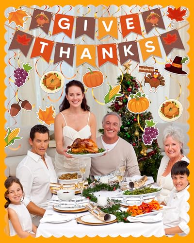 Kidific 45 Pcs Thanksgiving Decorations, GIVE THANKS Banner with Hanging Swirls for Indoor Wall, Friendsgiving Decorations for Party Office Home Classroom
