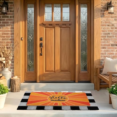 2-Piece Layered Welcome Mat Set - Coir Doormat & Buffalo Plaid Rug - color: Yellow Sunshine