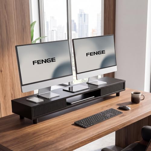 Fenge Dual Monitor Stand with Storage, Desk Shelf with Glass Sliding Door - color: Black