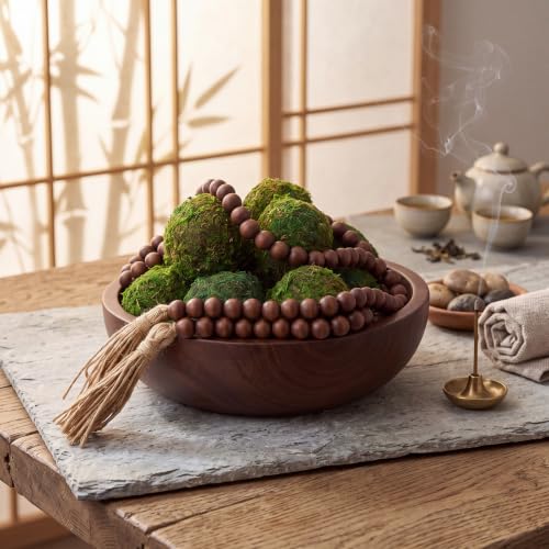SiliFine 14 Pcs Rustic Table Decor Set, Wooden Bowl with Moss Balls, Brown - color: Brown