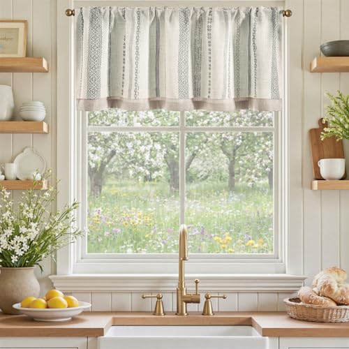 jinchan Liora Linen Valance 18 Inch Modern Boho 1 Panel Grey on Linen - color: Liora | Grey on Linen, size: 50"W x 18"L (Pack of 1)