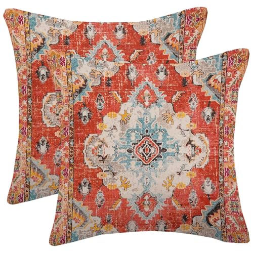 Vintage Boho Pillow Covers 16X16 Inch Set of 2 Antique Ethnic Red Teal Carpet Pattern Throw Pillow Covers Bohemian Decorative Pillow Case Linen Cushion Cover for Home Couch Sofa Outdoor - color: Boho Style 1, size: 16" x 16" (Pack of 2)