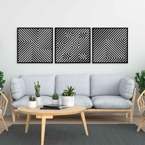 Abstract Wooden Wall Art Modern, Geometric Wood Wall Decor Living Room, Set of 3 Large Wood Wall Art, Aesthetic 3D Illusion Wood Wall Panels