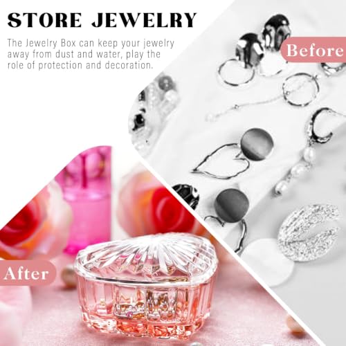 Glass Heart Shaped Jewelry Box with Lid, Ring Earring Trinket Storage Box - color: Pink