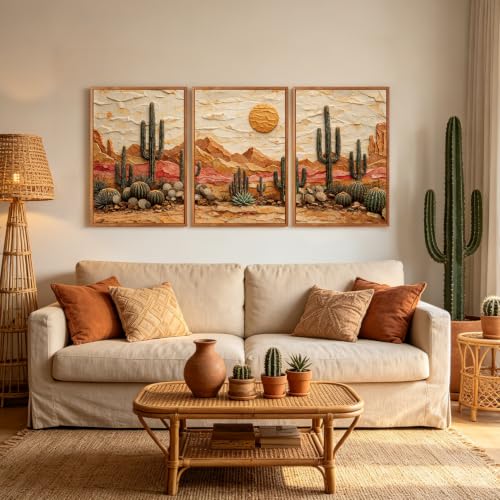 Aurlan 3D Textured Cactus Arizona Desert Framed Canvas Wall Art 24x36 Inch - color: Cactus Desert (3D Textured), size: 24"L x 36"W