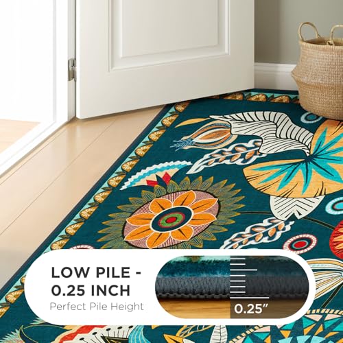 Joydeco Egypt Floral Boho 2x6 Washable Kitchen Hallway Bathroom Rug Runner - color: Dark Green, size: 2' x 6' (Runner)