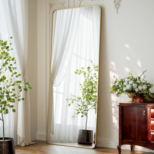 XRAMFY 65"x24" Floor Full Length Mirror Standing Full Body Rounded Corner Rectangle Mirrors with Stand Hanging Wall Mounted Leaning Bedroom Living Room Bedroom Cloakroom,Gold - color: Gold, size: 65"L x 24"W