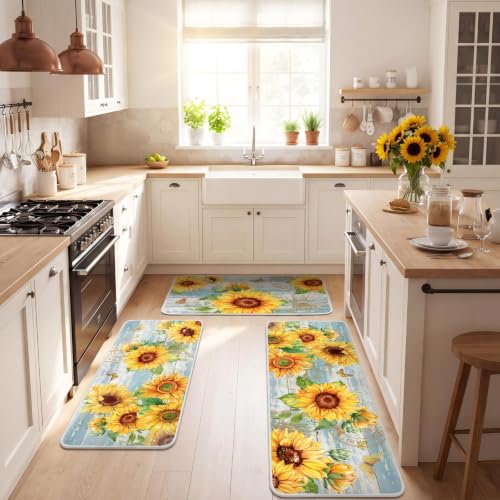 Fourluoo 3 Pcs Sunflower Kitchen Rugs and Mats Set - color: Light Blue