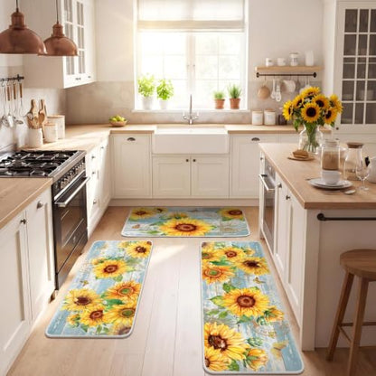 Fourluoo 3 Pcs Sunflower Kitchen Rugs and Mats Set - color: Light Blue