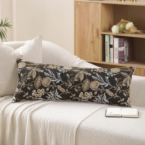 Black Floral Textured Lumbar Throw Pillow Cover 14x36 Fall Vintage Rust Long Pillow Cover Farmhouse Summer Leaf Cushion Cover Neutral Flower Pillowcase Home Decor for Sofa Living Room Bedding - color: Black, size: 36" x 14" (Pack of 1)