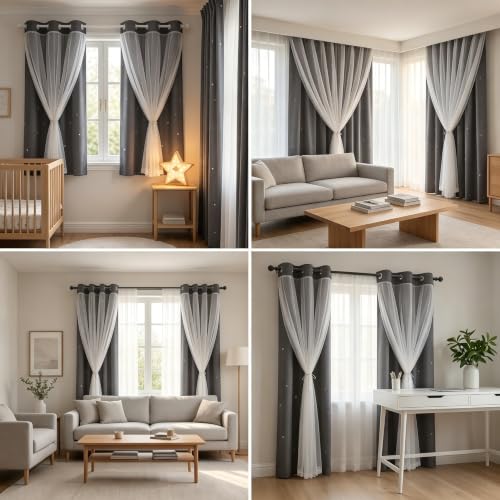 Grey Kids Star Cutout Blackout Curtains for Bedroom 52"W x 84"L 2 Panels - color: Grey, size: 52"W x 84"L (Pack of 2)