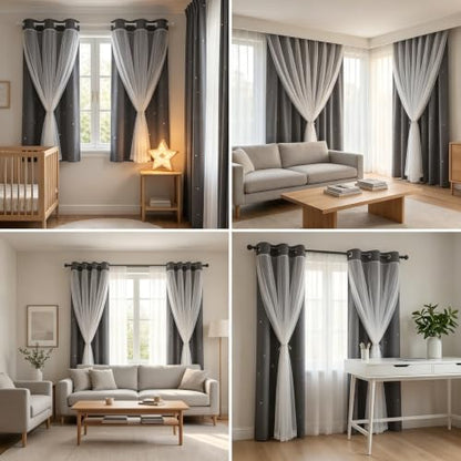 Grey Kids Star Cutout Blackout Curtains for Bedroom 52"W x 45"L 2 Panels - color: Grey, size: 52"W x 45"L (Pack of 2)