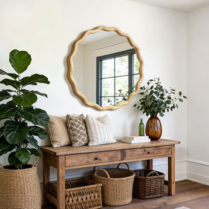 AMOISE Round Wavy Wall Mirror, 28" Circle Boho Scalloped Mirror - size: 28"L x 28"W