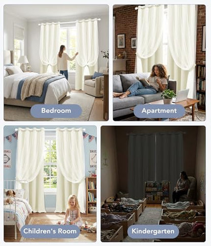 100% Blackout Curtains with Sheer Overlay, Beige, 52 x 63 inch, 2 Panels - color: Beige, size: 52"W x 63"L (Pack of 2)