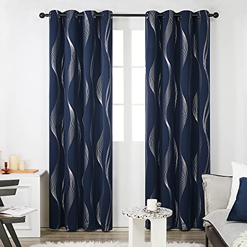 Deconovo Curtains for Living Room, Pattern Blackout Curtains 84 Inches Long - color: Silver Wave-navy Blue, size: 52"W x 84"L (Pack of 2)