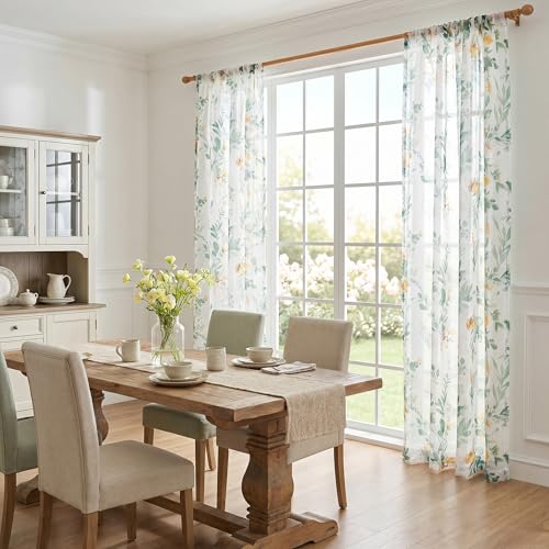MYSKY HOME Green Floral Sheer Cafe Curtains 45 Inches Long 2 Panels Set - color: Green, size: 52"W x 45"L (Pack of 2)