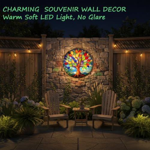 QZXYGY LED Stained Glass Round Wall Decorations, The Tree of Life Wall Art