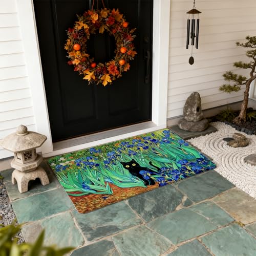 Funny Black Cat Door Mat Outside Entrance - Welcome Mats Cute for Patio, Wildflower Decorative Front Door Mats for Indoor Outdoor Porch Inside Entryway, Housewarming Gifts Idea for Cat Lovers - color: Doormat013