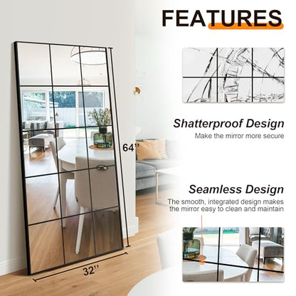 Delma Window Pane Full Length Mirror, 32"x64" Large Window Mirror, Black - size: 64"L x 32"W