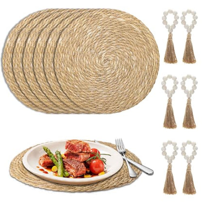 Woven Placemats Set of 6, 13.8 Inch Round Natural Water Hyacinth Rattan Placemats with Wooden Beads Napkin Rings for Farmhouse Dining Table Decor, Thanksgiving Halloween Christmas