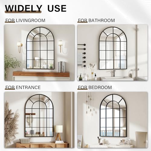 24"×36" Windowpane Arched Wall Mirror with Metal Frame, Black - size: 36"L x 24"W