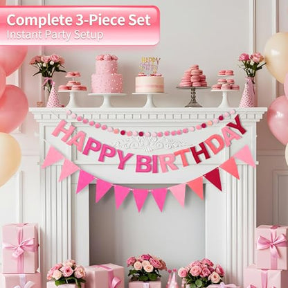 Pre-Strung Felt Happy Birthday Banner Pink Garland Set - color: Ombre Pink