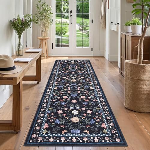 GarveeHome 2x6 Washable Floral Runner Rug Non-Slip Hallway Dark Grey Blue - color: Dark Grey Blue, size: 2' x 6' (Rectangular)