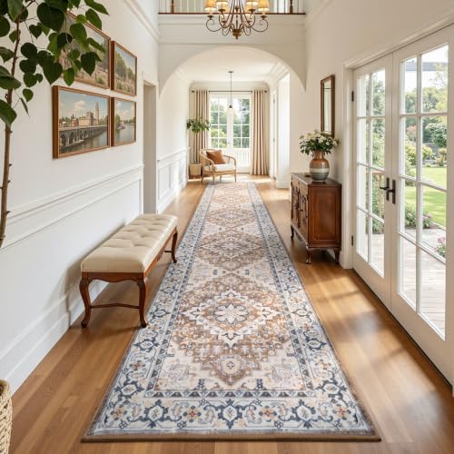 Lofus 2'6" x 12' Hallway Kitchen Washable Runner Rug, Long Carpet Brown - color: Floral Brown, size: 2'6 x 12' (Runner)