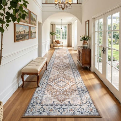 Lofus 2'6" x 12' Hallway Kitchen Washable Runner Rug, Long Carpet Brown - color: Floral Brown, size: 2'6 x 12' (Runner)