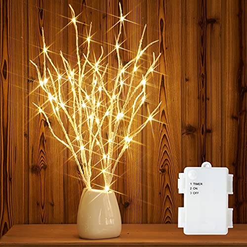 Fudios Lighted Birch Branches 18IN 70 White Willow LED with Timer Battery Operated for Christmas Party Wedding Decoration Twig Lights Outdoor - color: White Branches with White Lights