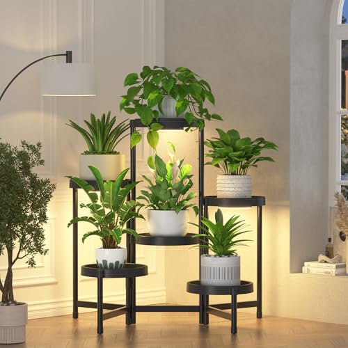 iDavosic.ly 6 Tier Folding Plastic Plant Stand Indoor, Grow Light, Black - color: Black with Light, size: 6 Tiers