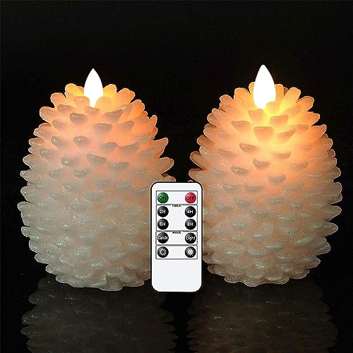 Wondise Pine Cone Flameless Flickering Candles with Remote and Timer - color: 7-White
