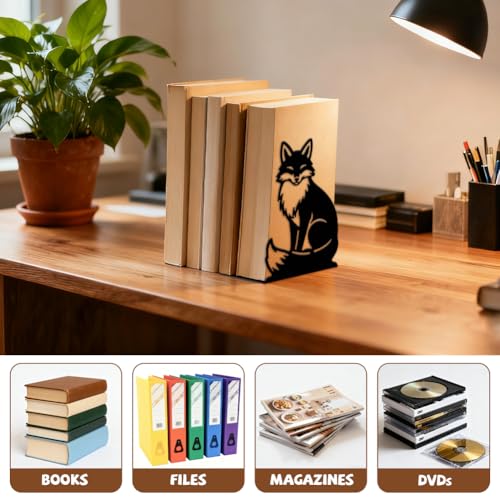 Peacoblue Metal Bookends for Shelves, Modern Decorative Heavy Duty Study Book Ends Stoppers for Office, Desk, Shelf, Room 5.3"x4.3"x7.9" Cast Iron Simple Tall Bookends 1 Pair (Fox) - style: Fox