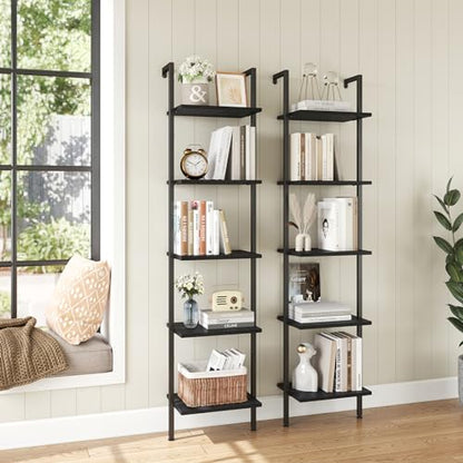 ELYKEN Ladder Shelf, 5-Tier Wood Wall Mounted Ladder Bookshelf - color: Black