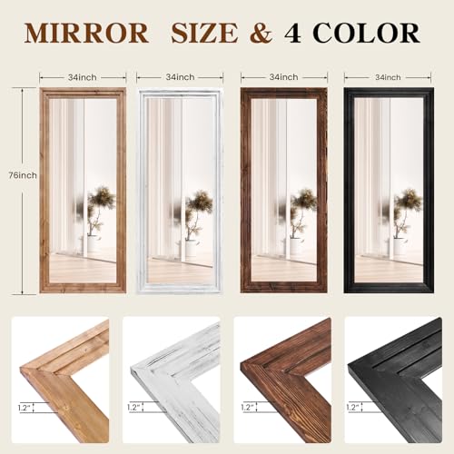76x34in Full Length Mirror, 3-Tier Stepped Solid Wood Frame - color: Light Brown, size: 76"L x 34"W