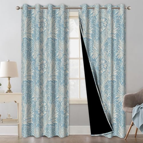 Blue Floral Blackout Curtains for Bedroom and Living Room, Farmhouse Summer Thermal Insulated Black Out Curtains 84 Inch Long with Two Tiebacks, Room Darkening Soundproof Bedroom Curtains 2 Panels Set - color: Blue Floral Pattern