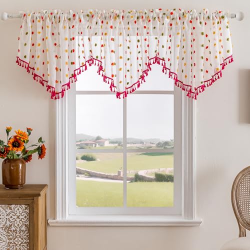 3 Pieces Boho Sheer Valances for Windows, Cute Pom Pom Rod Pocket Light Filtering Short Valance Curtains with Tassels for Nursery Kids Bedroom Bathroom Cafe (Red A,55"x24") - color: Red a