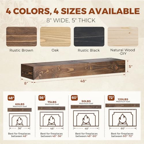 48x8x5in Pine Wood Fireplace Mantel Shelf, Weathered Brown - color: Weathered Brown, size: 48x5x8-hollow