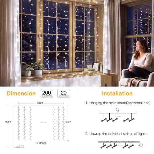 Ollny 200LED Curtain Lights 6.6ftx6.6ft, Cool White String Lights Plug in - color: Cool White, size: 200 LED