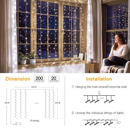 Ollny 200LED Curtain Lights 6.6ftx6.6ft, Cool White String Lights Plug in - color: Cool White, size: 200 LED