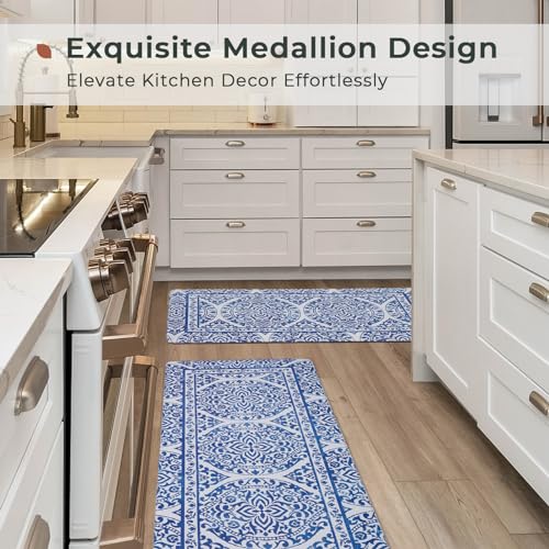 FRESHMINT 2 Piece Set Boho Kitchen Mats for Floor Bohemian Distressed Anti Fatigue Kitchen Rugs Vintage Farmhouse Cushioned Kitchen Runners for Standing Waterproof & Non-Skid Comfort, Sea Blue - color: Sea Blue