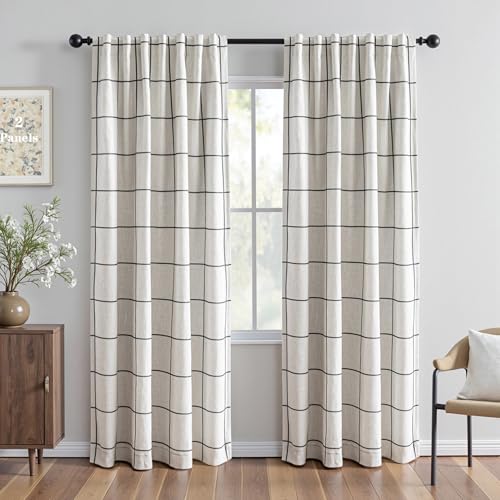 MYSKY HOME 100% Blackout Plaid Farmhouse Linen Curtains 84 Inch Long 2 Panels Set for Living Room Double Layer Windowpane Drapes Thermal Insulated Privacy Protection Rod Pocket Back Tab, 52" W, Black - color: Black, size: 52"W x 84"L (Pack of 2)