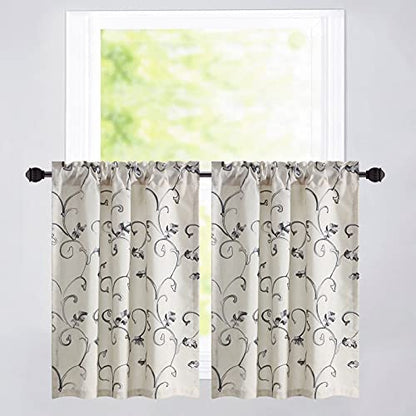 VOGOL Gray Vine Embroidered Tier Curtains, 30 x 36 Inches, 2 Panels - color: Grey, size: 30"W x 36"L (Pack of 2)