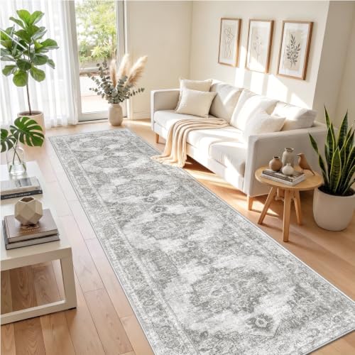 Runner Rug 2x12 Washable Rugs: Vintage Hallway Kitchen Runner Non Slip Low Pile Rug Runner Soft Stain Resistant Indoor Carpet Runners for Entryway Hall Bedroom Bedside (Grey, 2'x12') - color: Grey, size: 2' x 12' (Rectangular)