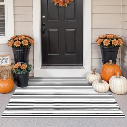 LEEVAN 3'X5' Black and White Striped Woven Cotton Reversible Outdoor Rug - color: 1white Strip, size: 3' x 5'