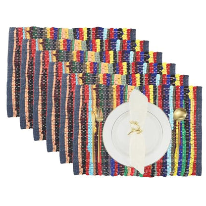 Set of 6 Eco-Friendly Rainbow Multi Chindi Placemats 13 x 19 Inch Pure Cotton Table Mats Woven Kitchen Placemats - color: Multicolor
