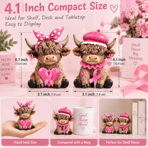 Karenhi 2 Pcs Breast Cancer Awareness Highland Cow Figurines, Pink Ribbon - style: Breast Cancer