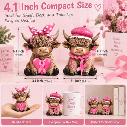 Karenhi 2 Pcs Breast Cancer Awareness Highland Cow Figurines, Pink Ribbon - style: Breast Cancer
